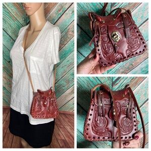 Vintage Hand Tooled Leather Mini Saddle Bag Crossbody Purse